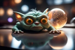 airbrush with pen outline, gremlin sleeping too close to a reflective orb containing plasma in the style of Escher , bokeh like f/0.8, tilt-shift lens 8k, high detail, smooth render, down-light, unreal engine, prize winning