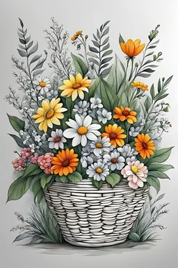 Drawing in very light grey and white colours only, with white background, a cute basket of flowers, beautiful plans, with bright flowers and plants, with soft bushes, v, very bright design, in a cartoon style