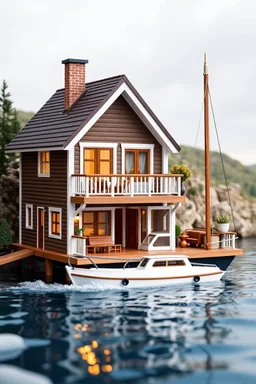 doll house by water with doll cabin cruiser