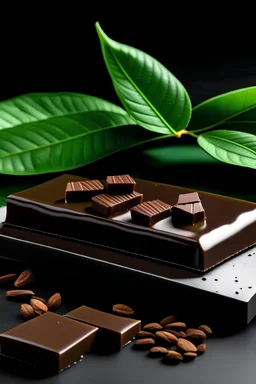 Two pieces of dark chocolate from a chocolate bar, with white liquid mint filling inside the chocolate and a couple of mint leaf around the chocolate
