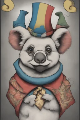 "ren and stimpy" style koala wearing a jester hat