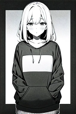 thoughtful girl in a loose sweatshirt, line arts, greyscale,