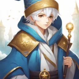 Fantasy World, A boy only wearing a closed wizards robe, and wearing a wizards hat. White Hair. Golden Eyes.