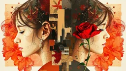 Abstract art, collage, mixed media, double exposure, portrait motherhood, red flower, collage