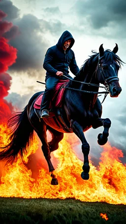 A black hooded with cane horse , man on a black wild horse jumping on fire ,red clouds in the sky with storm and cinematic scene 4k