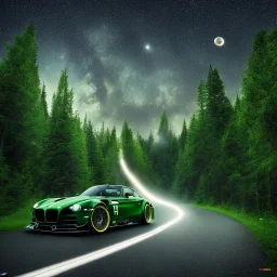 Single extremely detailed realistic sports car (Centered on image), moving on a detailed realistic road in dark woods, clear sky with visible planet, symetrical, HD, 4k, 8k, neon glow, Car color= Dark green with black, Woods color=gray,black,dark green, Sky color= light blue and gray, lightning