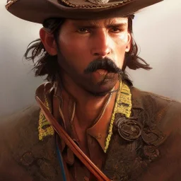 portrait,"Insanely detailed photograph of a male western mustachioed crossbowman", detailed charro and Sombrero, digital painting,eye patch, cigar, artstation, concept art, sharp focus, illustration, art by artgerm and greg rutkowski and alphonse mucha, 8 k,fantasy, unreal engine