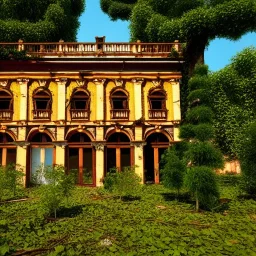 Abandoned baroque building, overgrown, trees statues, hyperrealistic, fallen roofs, highly detailed, octane render.