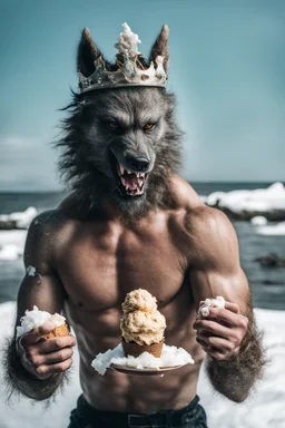 photo shoot of self aware werewolf boxing with ice cream and snow with sea weed crown