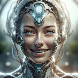beautiful cyborg smilingface, neural network, journey into the healing power of nature, photorealistic, perfect composition, cinematic shot, intricate details, hyper detail