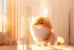 cute fluffy chibi beige cat measuring fever in a modern room in sunshine