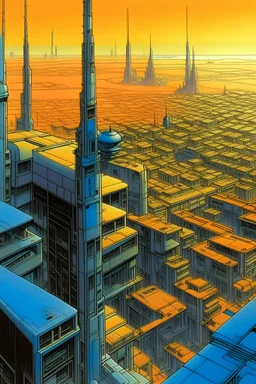 sci-fi city seen from a high-floor building by Moebius