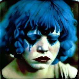 Clara bow, with blue hair, tears, autochrome