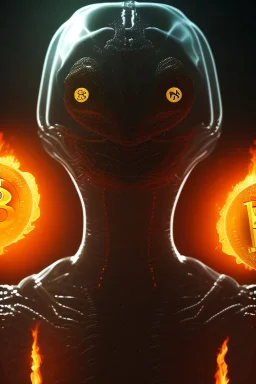 bitcoin alien, Fire theme art, Dark moody night atmosphere, , 8K, close-up face, anatomically perfect face