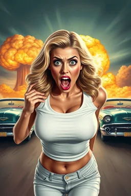 an attractive woman leaning forward(cropped from between nose and hips, white top with wide neck opening, cleavage, hands at side of face, with surprised shocked expression, dramatic screaming, blonde wavy hair), nuclear explosion and 1950s Cars in background, greaser, digital painted illustration