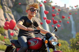 3D video game characters, a short blonde haired man wearing eyeglasses, t-shirts and jeans riding a motorcycle in tuscany, hearts, waterfall, happiness