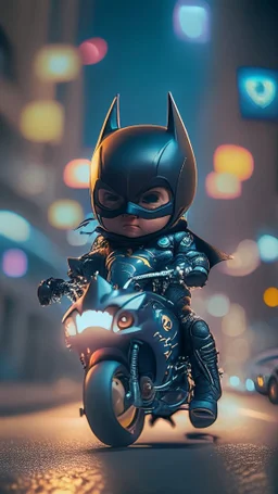 A happy Kawaii tiny hyper realistic baby batman riding mini ducati panigale, wearing bikers batman clothes with shooting action, night of cyberpunk city background. wide angle full body, 8k, Cinematography, photorealistic,epic composition Unreal Engine,Cinematic, Color Grading, Portrait Photography,Ultra-Wide Angle, Depth of Field, hyper detailed