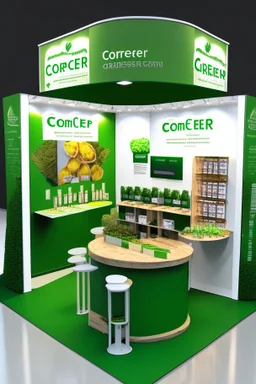 Corner green exhibition stand of a food company with product displays and a meeting area