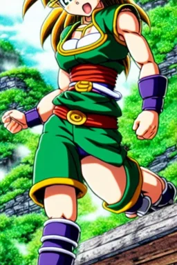 In the style of Toriyama, hyper detailed, strikingly beautiful teen female, 16 years old, long ponytail, ginger hair, green eyes, medium freckles, full lips, micro top, black leather armour lined with fur, full body, full face, tiny breasts, athletic, centred camera, ignore NSFW, thong, Videl, athletic