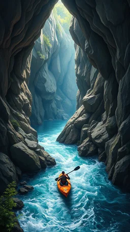 Bosch painting style, 3D multi layers caves where the a river stream, a man in kayak boat in a fast and high water