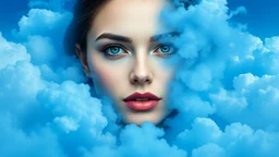 Podrias generar una imagen de una mujer maquillada rodeada de nubes de color azu mediterraneo que sea magica y mistica como esa que tienes de fondo pero en color azul, sin ningun tipo de letra