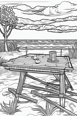 Outline art for coloring page, PICNIC TABLE ON A HAWAII BEACH WITH BEACH TOWELS ON THE TABLE, coloring page, white background, Sketch style, only use outline, clean line art, white background, no shadows, no shading, no color, clear