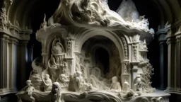 A surreal sculpture of a motionless three-dimensional grotto, carved from marble and adorned with intricate engravings of mythical creatures