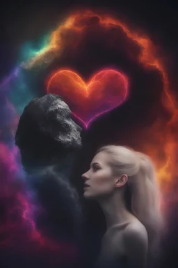 heart-shaped, electrifying, close-up, Head and shoulders portrait of Adam and Eve, double exposure shadow of the ghost, Invisible, extremely colorful, multicolored lightning, outer space, planets, stars, galaxies, fire, explosions, smoke, volcanic lava, craggy mountain peaks in the background, 32k UHD, 1080p, 1200ppi, 2000dpi, digital photograph, heterosexual love