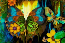 double exposure, Rainforest, flowers, birds, browns and greens and yellow and blue, no text, signature no watermark, merged layers, waterfall and butterflies Patchwork and painting by Meghan Duncanson and Jennifer Lommers and Didier Lourenço in sunshine plastic 3D effect ochre, burlap, mirror foil