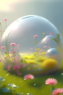 a dreamful planet, with light pink light yellow light white , liquid translucent irregular shape, cute little flowers and grass