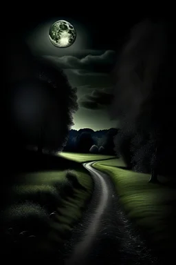 noche de luna serena en el campo, las hojas de la copa de los árboles refleja color plata por el brillo de la luna y un sendero en el medio del paisaje