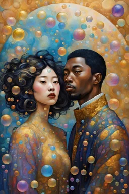 asian woman and black man in a world of bubbles, colorful, painterly, like a painting, mystical, wonder, mysterious, psychedelic art, gustav klimt style, gold leaf, romantic, art nouveau