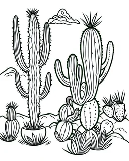 outline art for bold and easy coloring pages with A very simple and super minimal design a beautiful cactus landscape., white background, sketch style, fully body, only use outline, cartoon style, clean line art, white background, no shadows and clear and well outlined