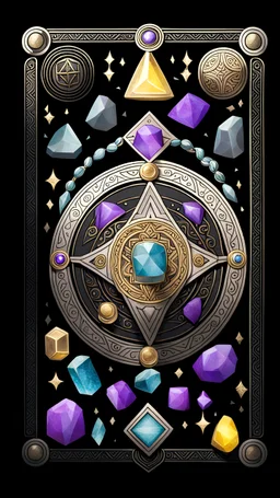 There is a magic amulet in the center around it there are magic stones, tarot cards on a black background