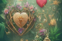 Tropical flowers, realistic heart drawing, crystals, tropical leaves, sacred altar, Fantasy home, cute animal.