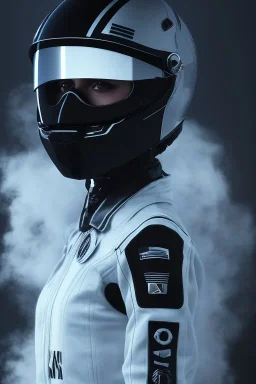 All Black racing suit AnnaSophia Robb, portrait, ghost mask, wearing high tech racing helmet, white smoke, dark, rage, sorrow, high definition, ultra 8 k, volumetric lighting, blue fire, fog