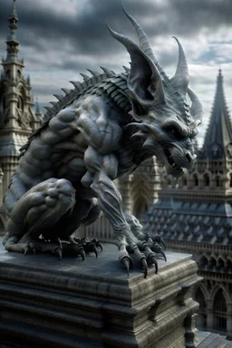 captivating and highly detailed fantasy, gothic illustration featuring a grayish Gargoyle with curly bluish hair crouching above the city, leaning forward to observe the people below. Style of artist Anne Stokes, Gothic, Dark Fantasy, photo, 3d rendering, cinematic