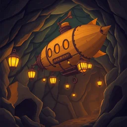 Cartoon whimsical fantasy underground mining airship, Orange lanterns, brown caves