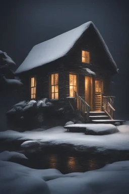 old cabin in a snow storm at night by a lake