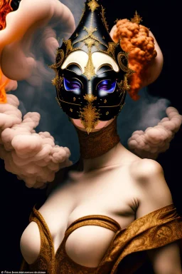 Planet Venus portrayed as a beautiful masked woman wearing medieval robes, her sihlouette is engulfed in sulfuric vapor and translucid fire, underneath her beauty hides a chaotic inferno of passion and violence