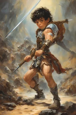 full color - a little boy learning how to sword fight - Science Fantasy art by Boris Vallejo