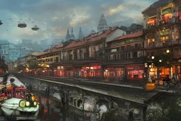 Hanoi+Train station +Colourful city+old lamp+Bar and garden on High Bridges across Skyscraper river+canals+Gothic village+European Metropolis on sea+naples alley+Torino square+trieste canals+victorian London+decòpunk Skyscraper+ +steampunk+biopunk+alphonse mucha, greg rutkowski, matte painting, cryengine, hyper detailed, felix kelly, fantasy art, seb mckinnon