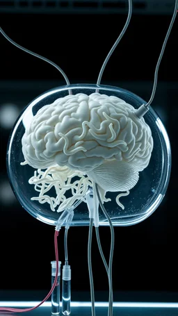 A transparent brain fills with white worms in laboratory tube connected to small tubes and wires to an old man head