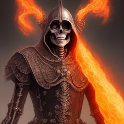 A skeleton man with fiery eyes and a dark leather dress and a long black cloak sitting on a big, skeletal and fiery horse, full HD, 4K, 8K, magical, fantasy, 3D, symmetrical, detailed and complete painting