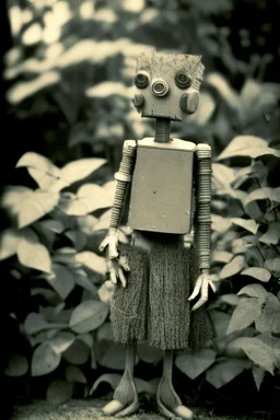 rollerflex photograph 1950s, dusty, robot made from toilet paper and infected with ivy, 4k, f1.2 50mm, dark vignette