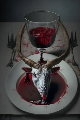 cursed meal with a goat head photorealistic image, served on a plate, with blood to drink in a glass