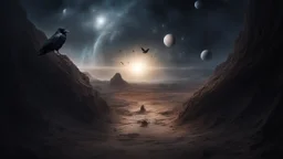 Crow in a space, at the end of the time, very realistic