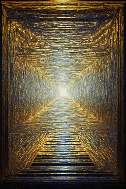 "Cymatics meets ancient architecture" is an artwork showing that at 220Hz, the ripple tank glows with golden light as a crystal lattice forms, a square-shaped pattern with 3D depth, its edges stepping down like a ziggurat; Modern Celestial Symbolic Art with a golden color palette inspired by Gustav Klimt