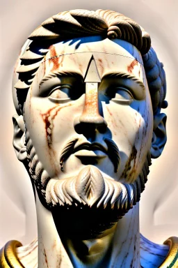 Ultra Realistic image, Roman sculpture, white marble material, Lionel Messi, gold Laurel leaves wreath, renaissance ornaments, one gold star in heart, marble and gold ornaments background, chisel style, waist up portrait, emperor style, epic, celestial, cinematic lighting, God light, god rays, 4k resolution, smooth details, ornate details, soft lighting, unreal engine 5, art station, substance 3d.