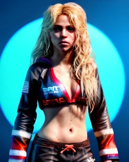 portrait, Shakira, blonde artist, angry, Realistic image, MMA robe, hoodie, mouthguard, nose, band aid, loose long hair, eyes make up, line gold make up, glow, circle iris. Rain, fog, Neon colors, leds. Dark background, photo studio, neon lights. concept art, smooth, unreal engine 5, god lights, ray tracing, RTX, lumen lighting, ultra detail, volumetric lighting, 3d, finely drawn, high definition, 4k.